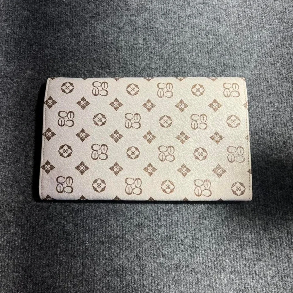 Cream Monogram Envelope Clutch Bag Faux Leather Magnetic Snap‎ Small Handbag